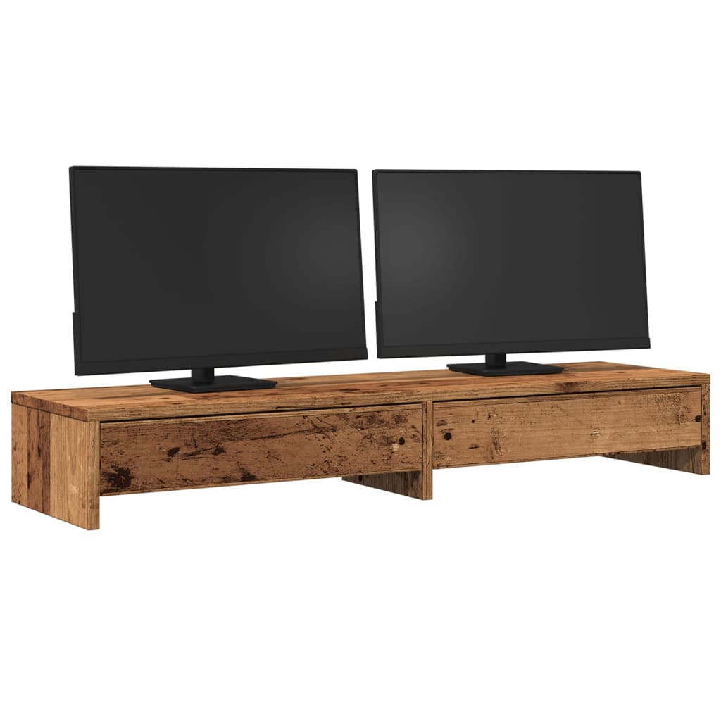 Support d'écran avec tiroirs aspect vieux bois 100x27x15 cm