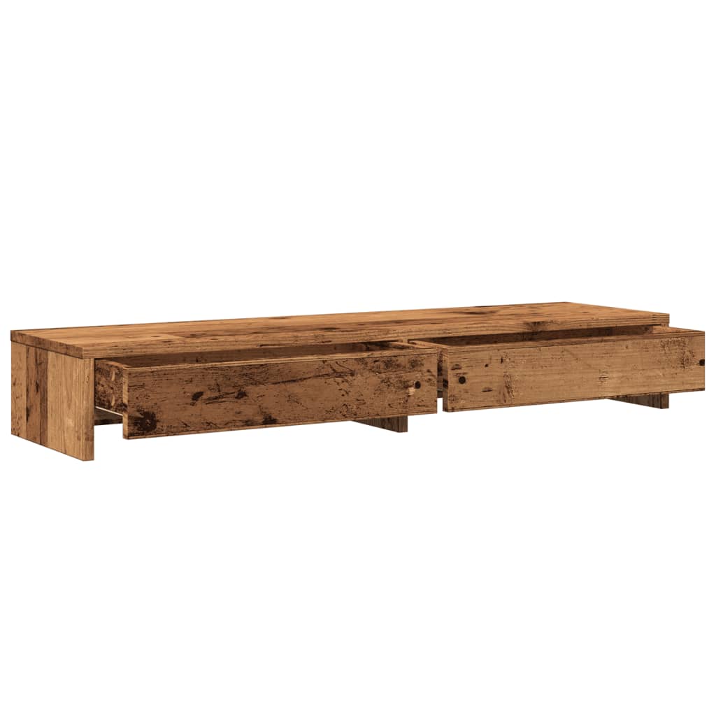 Support d'écran avec tiroirs aspect vieux bois 100x27x15 cm
