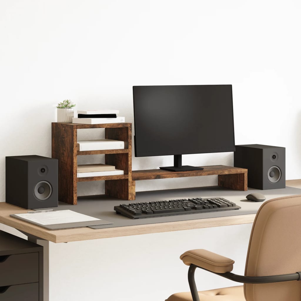 Support moniteur avec organiseur de bureau en chêne fumé