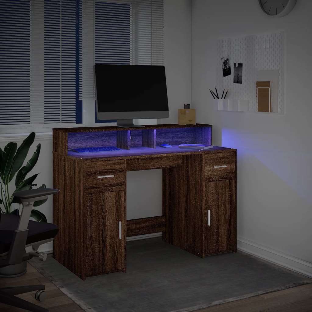 Bureau LED aspect chêne brun 120x55x91 bois reconstitué