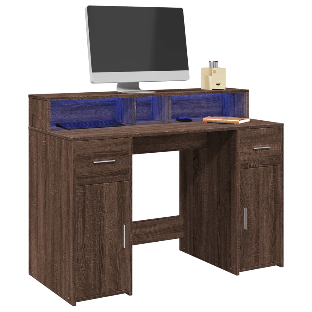 Bureau LED aspect chêne brun 120x55x91 bois reconstitué