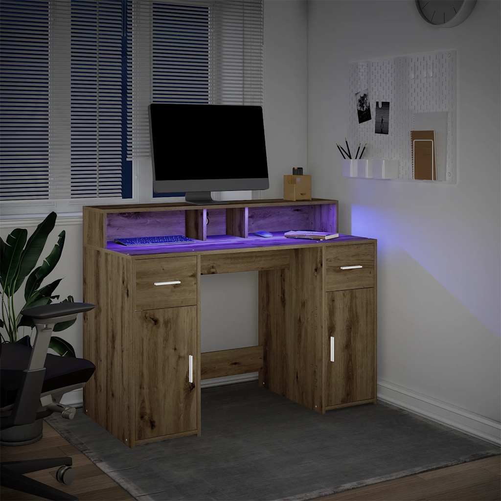 LED Desk Artisan Oak 120x55x91 cm Engineered Wood
