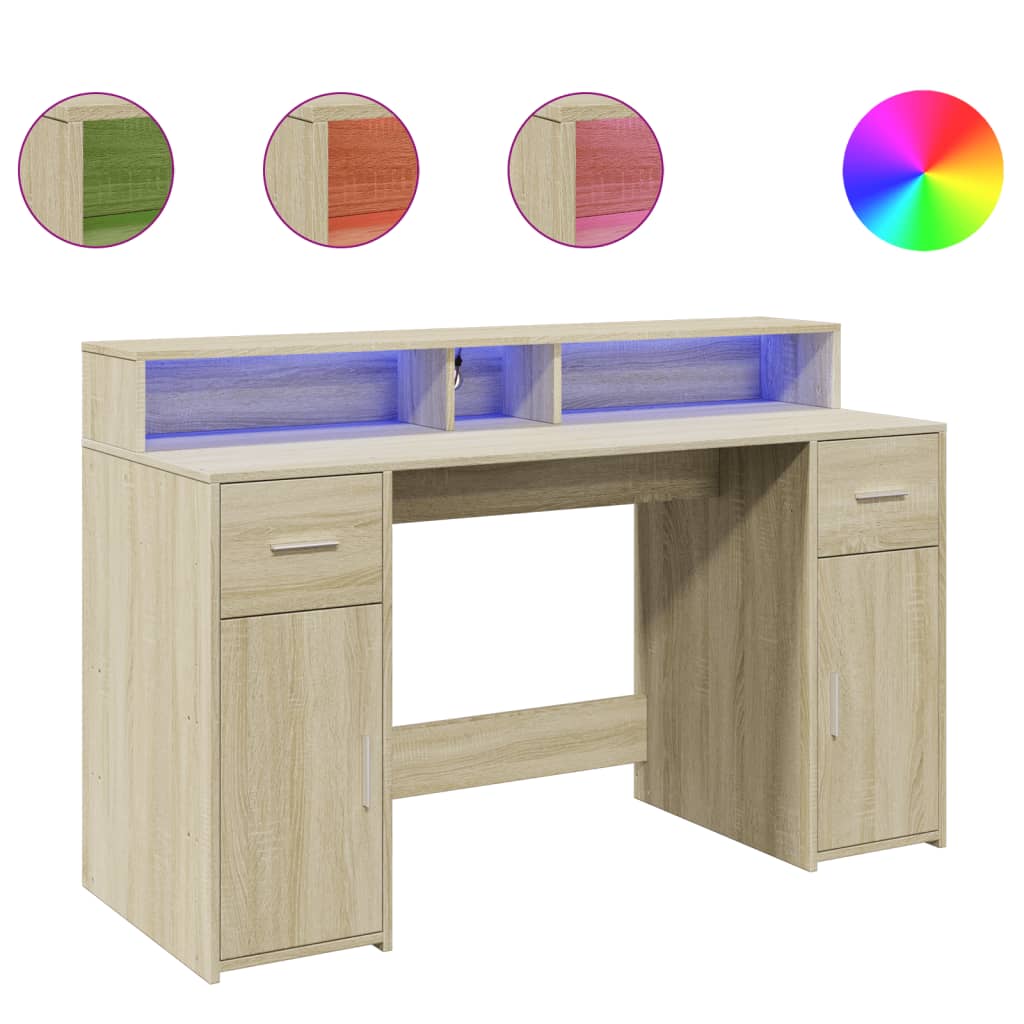 Bureau LED chêne Sonoma 140x55x91 cm bois d'ingénierie