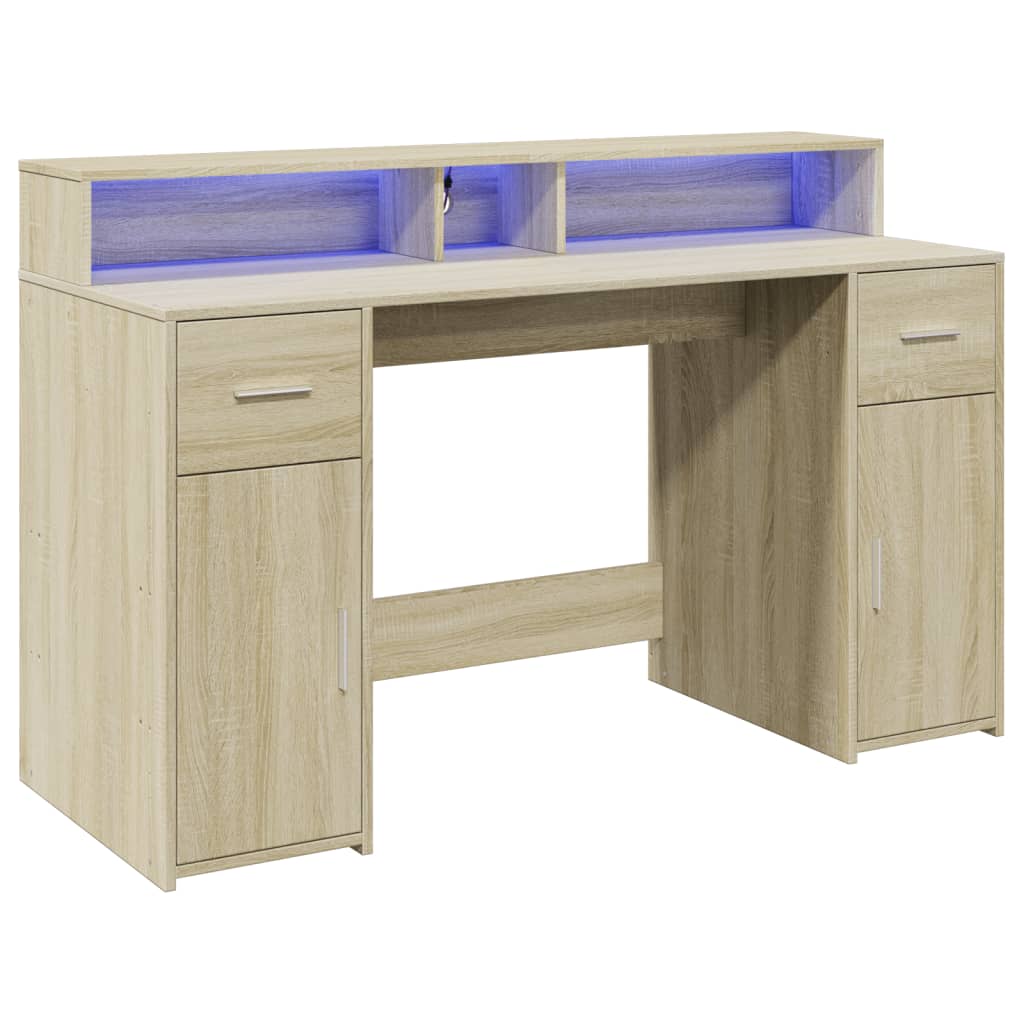 Bureau LED chêne Sonoma 140x55x91 cm bois d'ingénierie