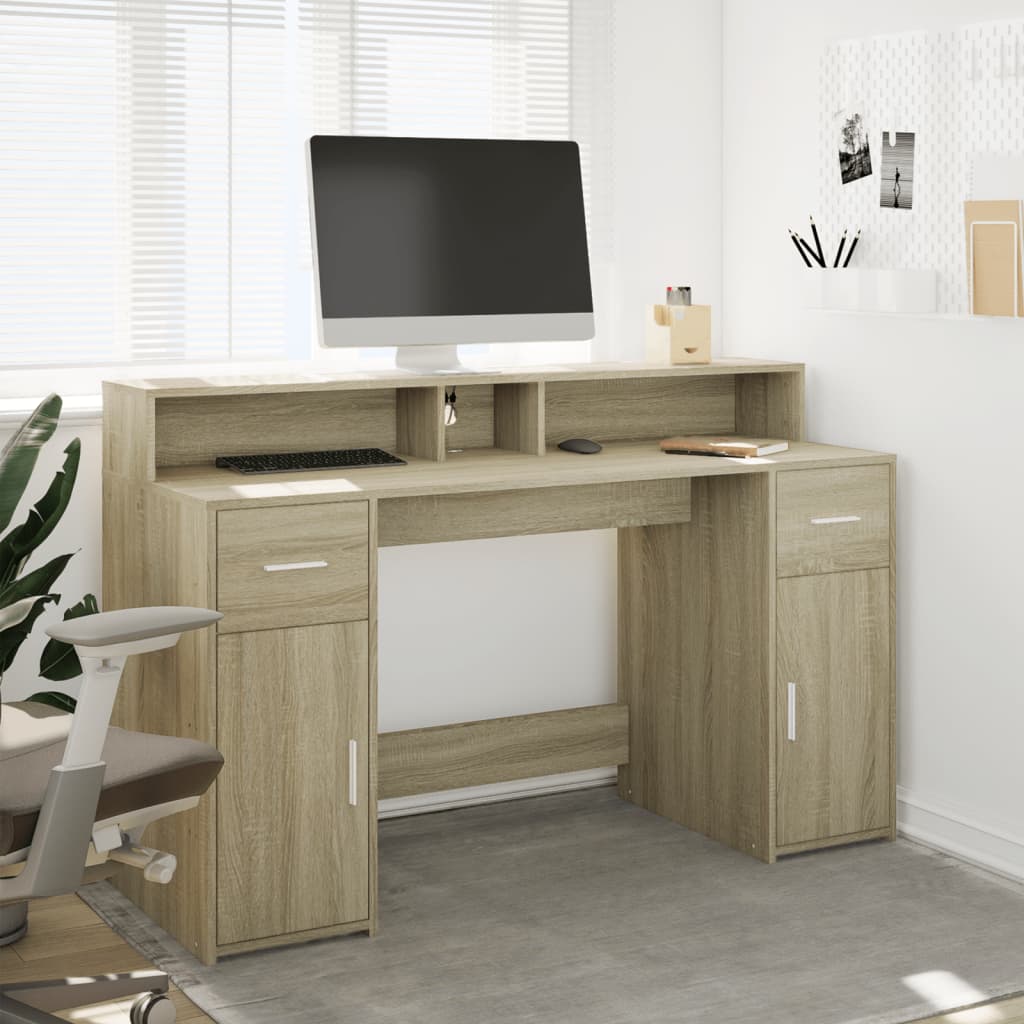 Bureau LED chêne Sonoma 140x55x91 cm bois d'ingénierie