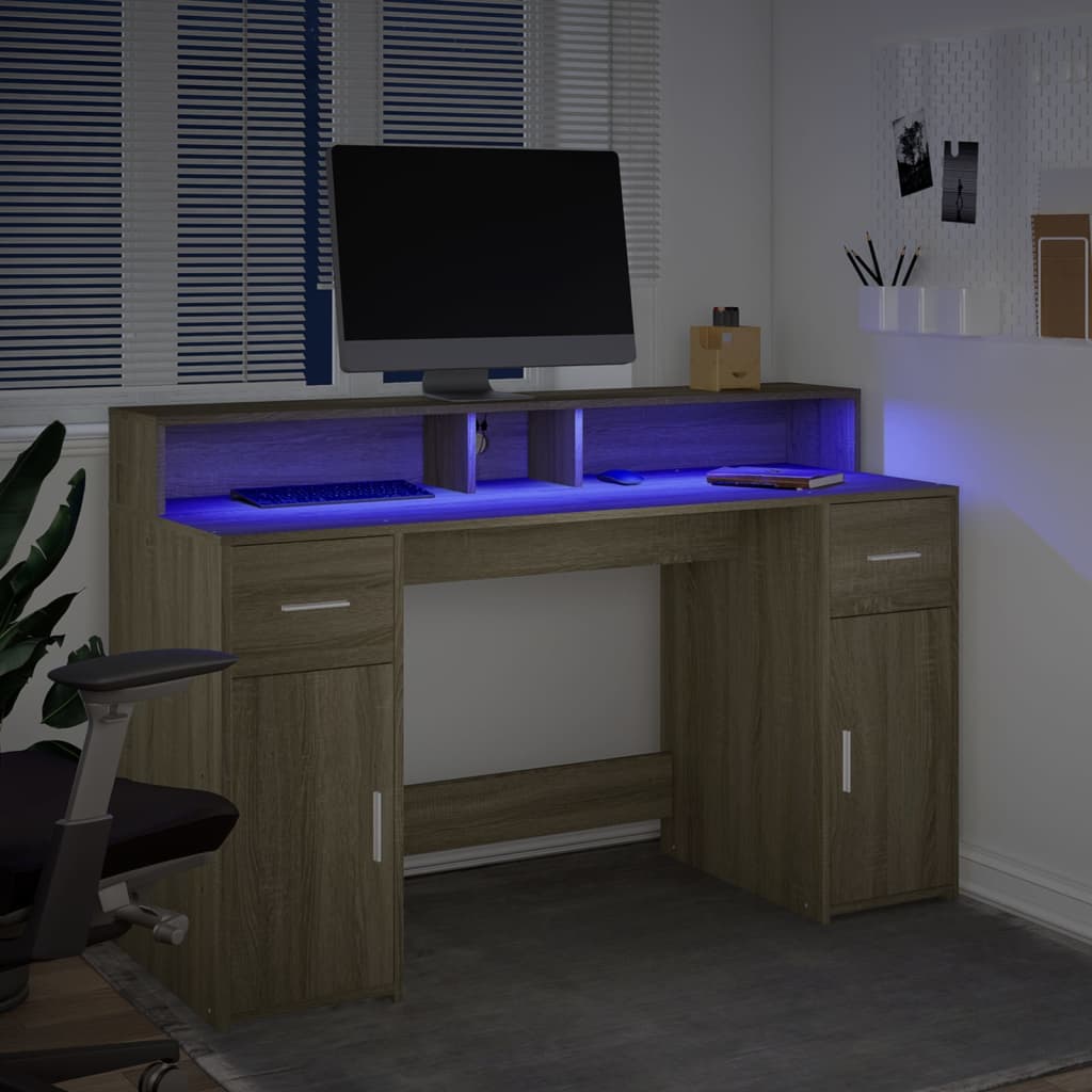 Bureau LED chêne Sonoma 140x55x91 cm bois d'ingénierie