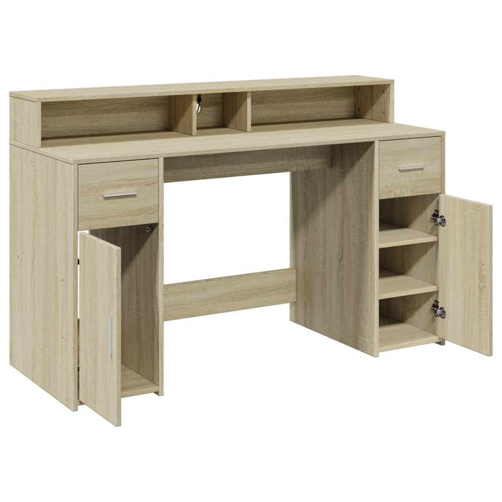 Bureau LED chêne Sonoma 140x55x91 cm bois d'ingénierie