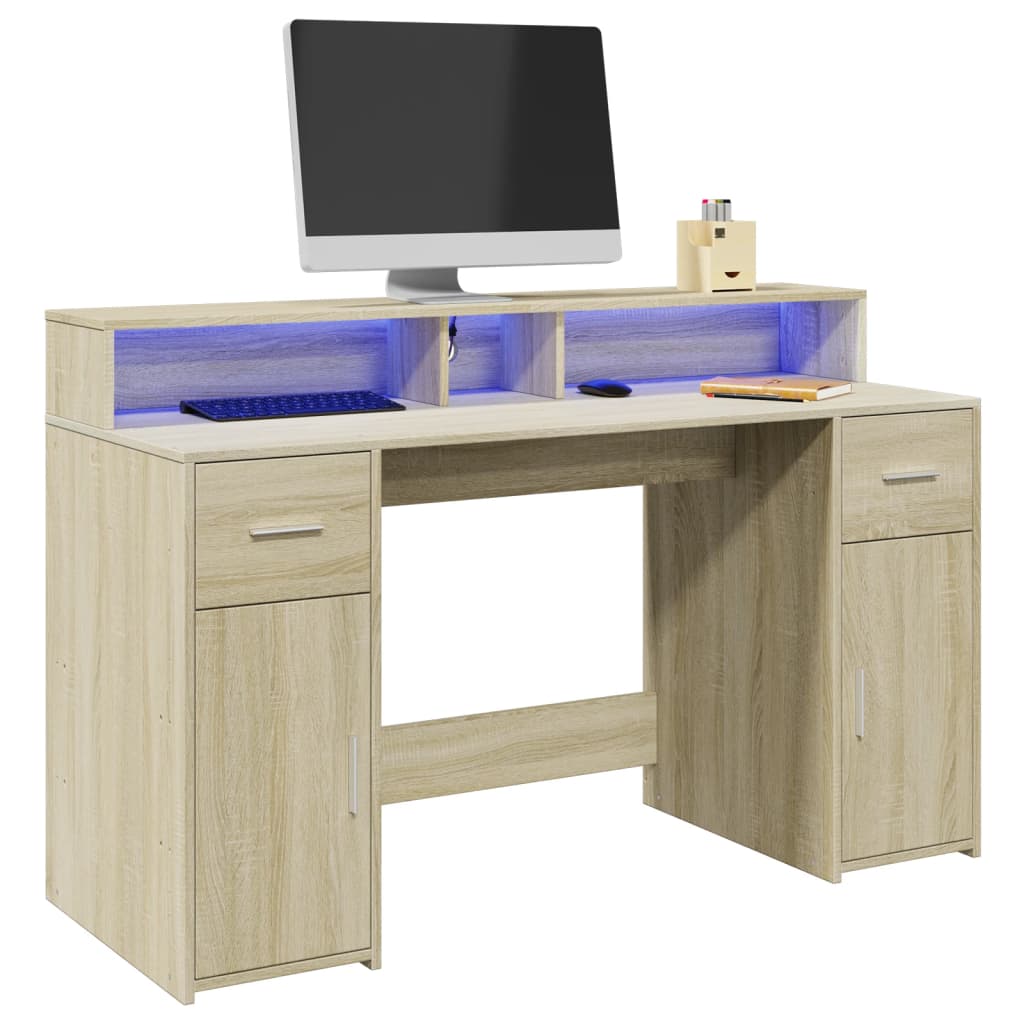 Bureau LED chêne Sonoma 140x55x91 cm bois d'ingénierie