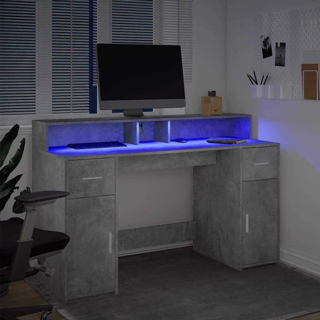 LED Desk Concrete Gray 140x55x91 cm Engineered Wood