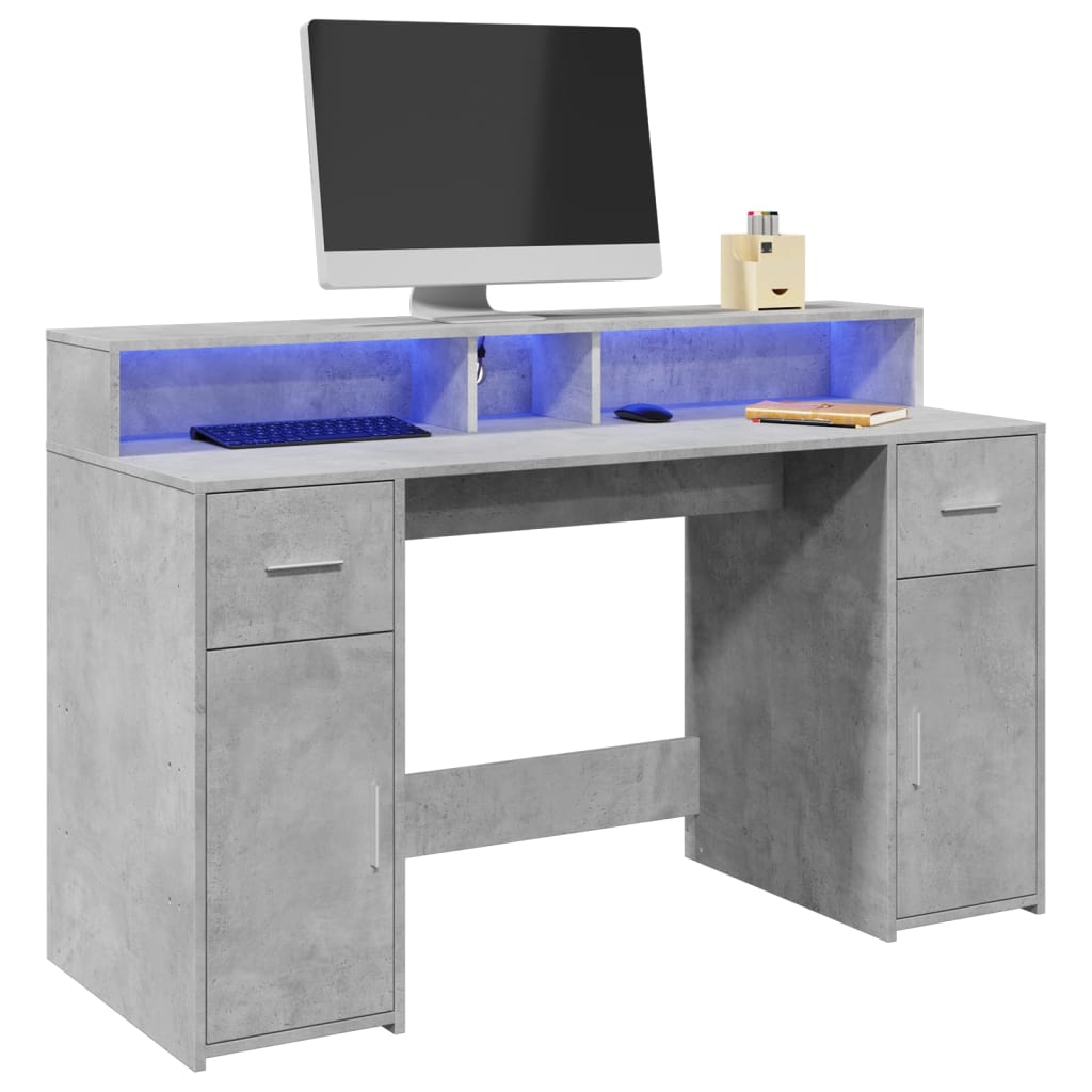 LED Desk Concrete Gray 140x55x91 cm Engineered Wood