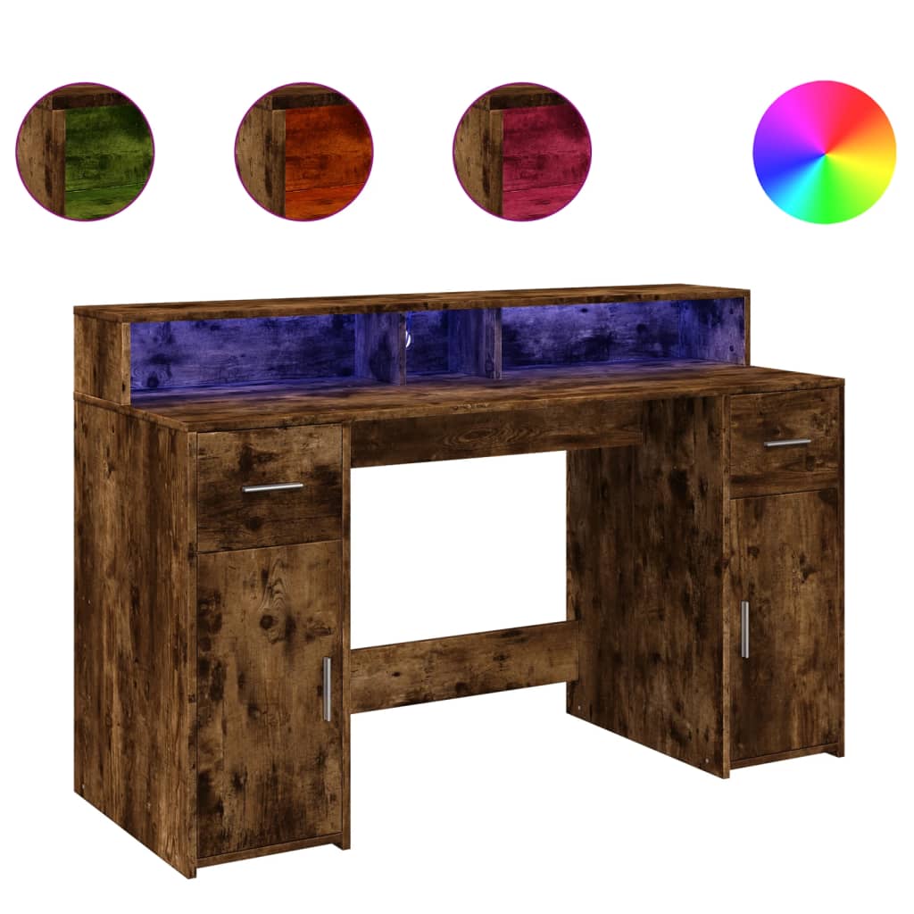 LED Desk Smoked Oak 140x55x91 cm Engineered Wood