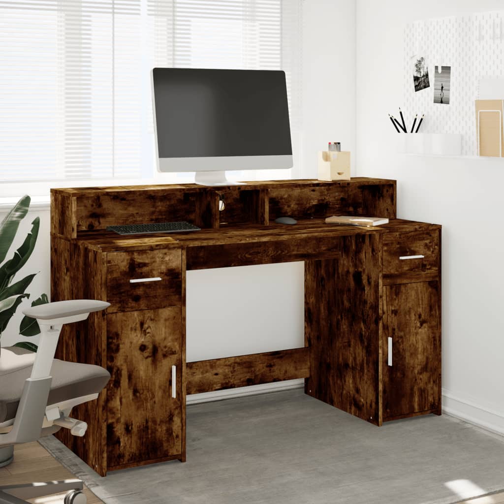 LED Desk Smoked Oak 140x55x91 cm Engineered Wood