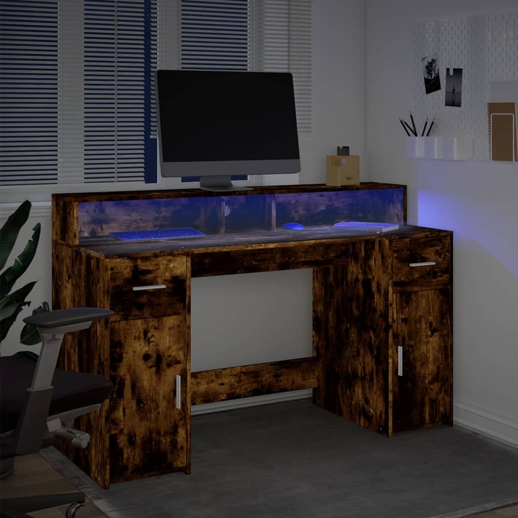 LED Desk Smoked Oak 140x55x91 cm Engineered Wood