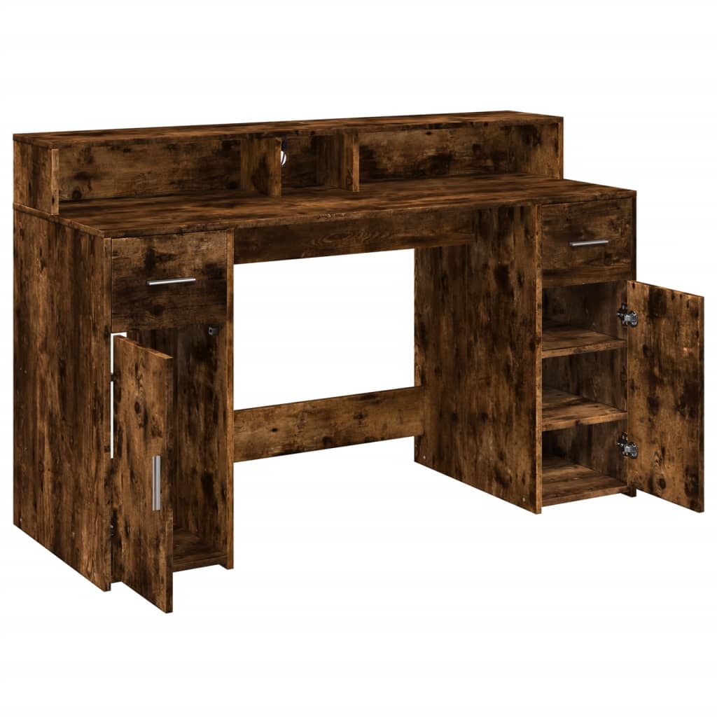 LED Desk Smoked Oak 140x55x91 cm Engineered Wood