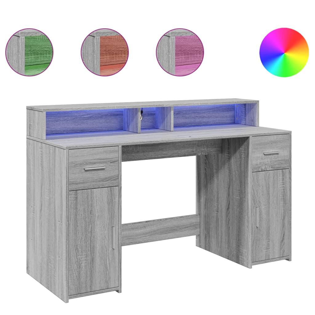 LED Desk Grey Sonoma 140x55x91 cm Engineered Wood