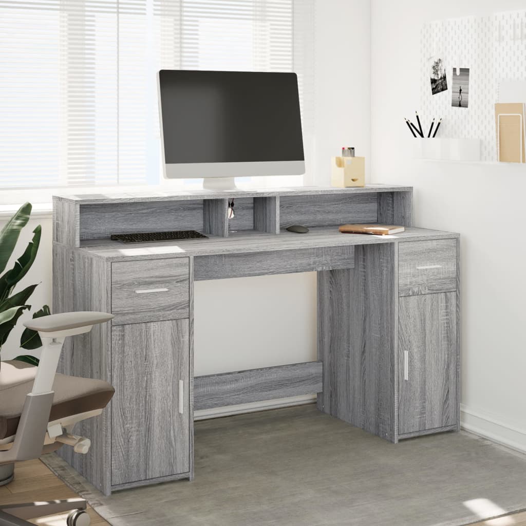LED Desk Grey Sonoma 140x55x91 cm Engineered Wood