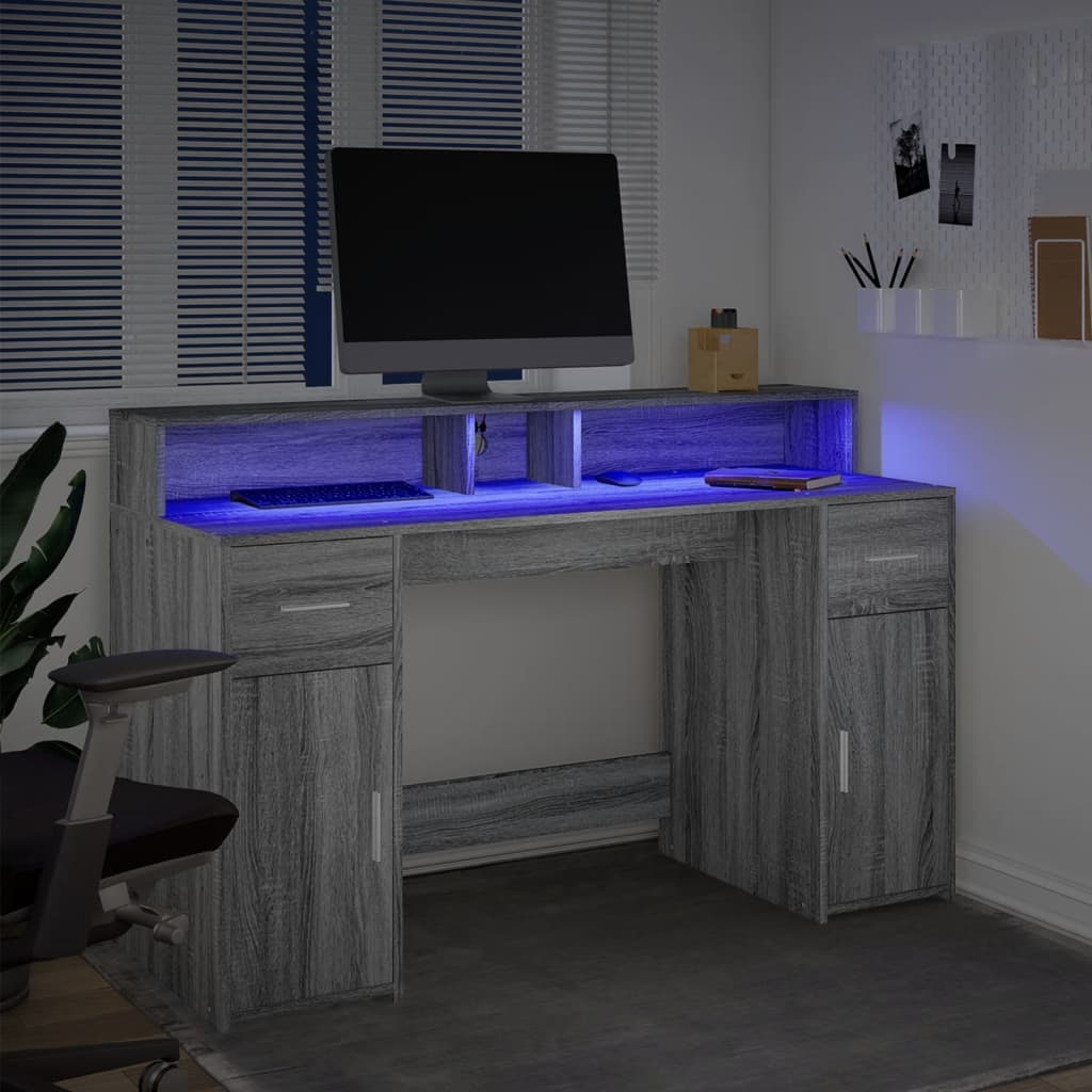 LED Desk Grey Sonoma 140x55x91 cm Engineered Wood