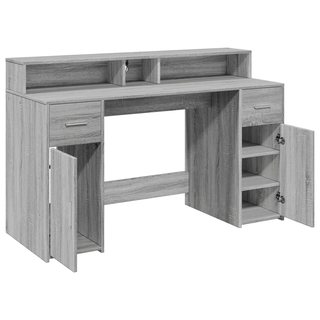 LED Desk Grey Sonoma 140x55x91 cm Engineered Wood