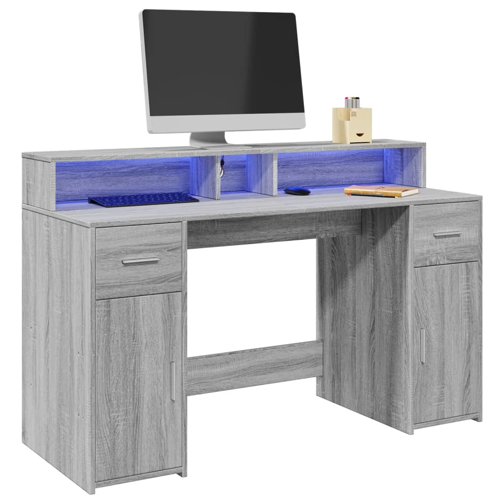 LED Desk Grey Sonoma 140x55x91 cm Engineered Wood