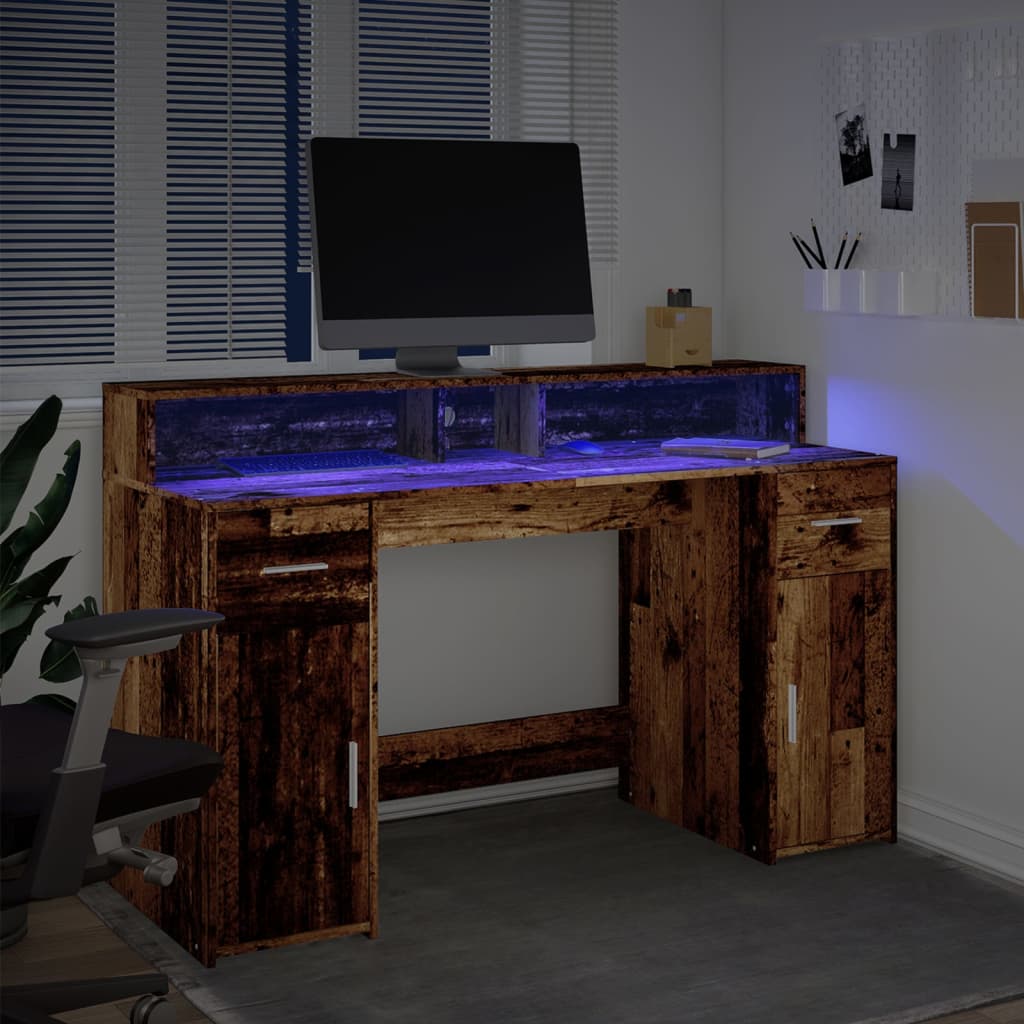 Bureau LED aspect vieux bois 140x55x91 cm matériau à base de bois