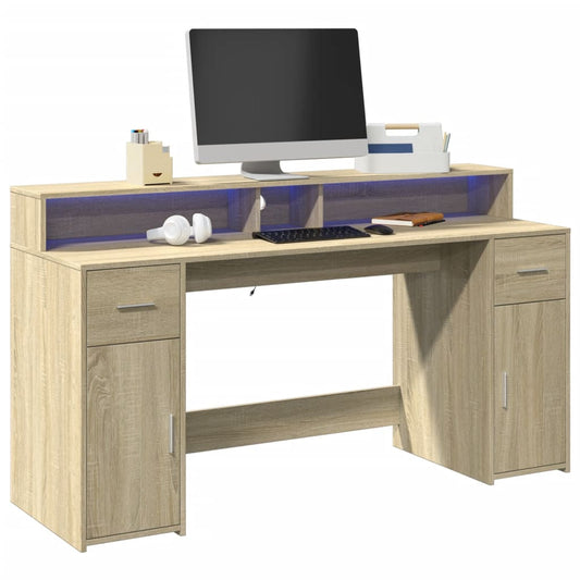Bureau LED chêne Sonoma 160x55x91 cm bois d'ingénierie
