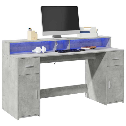 Bureau LED gris béton 160x55x91 cm bois d'ingénierie