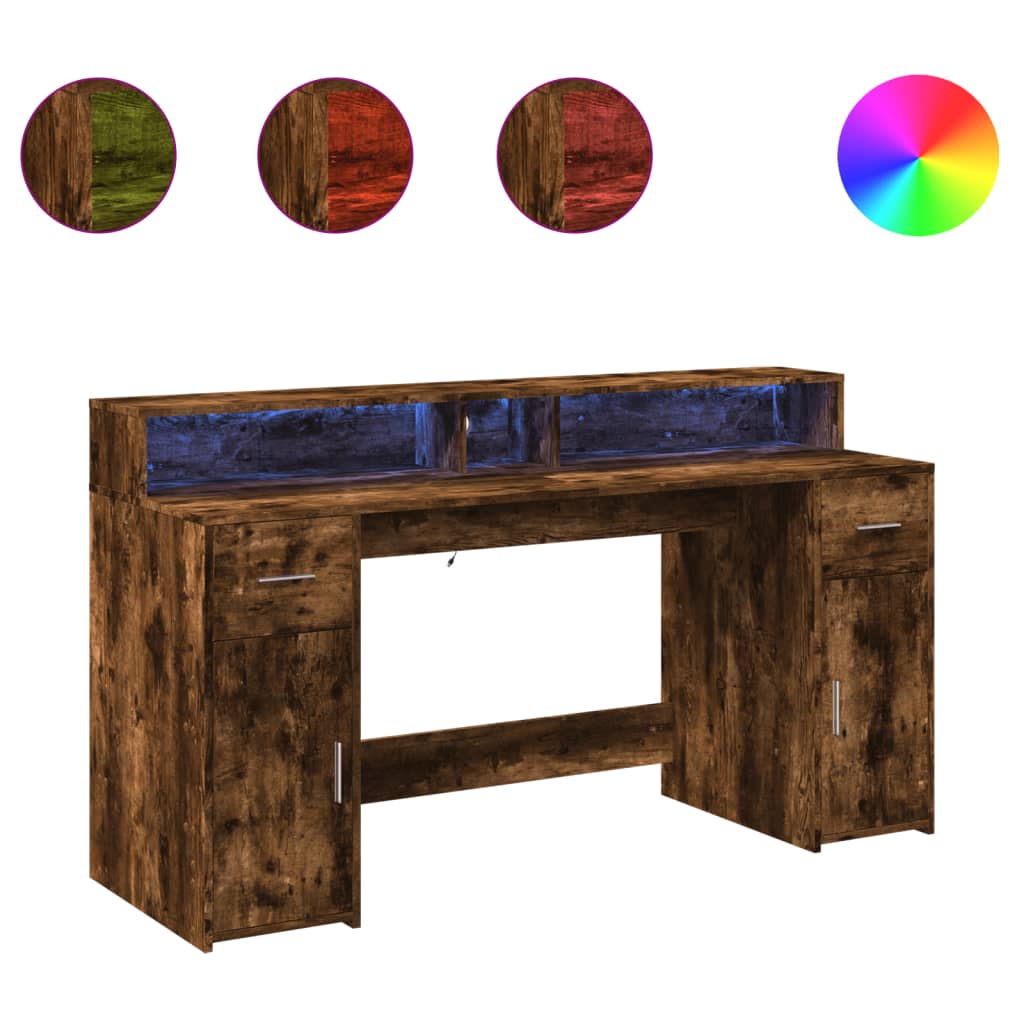 LED Desk Smoked Oak 160x55x91 cm Engineered Wood