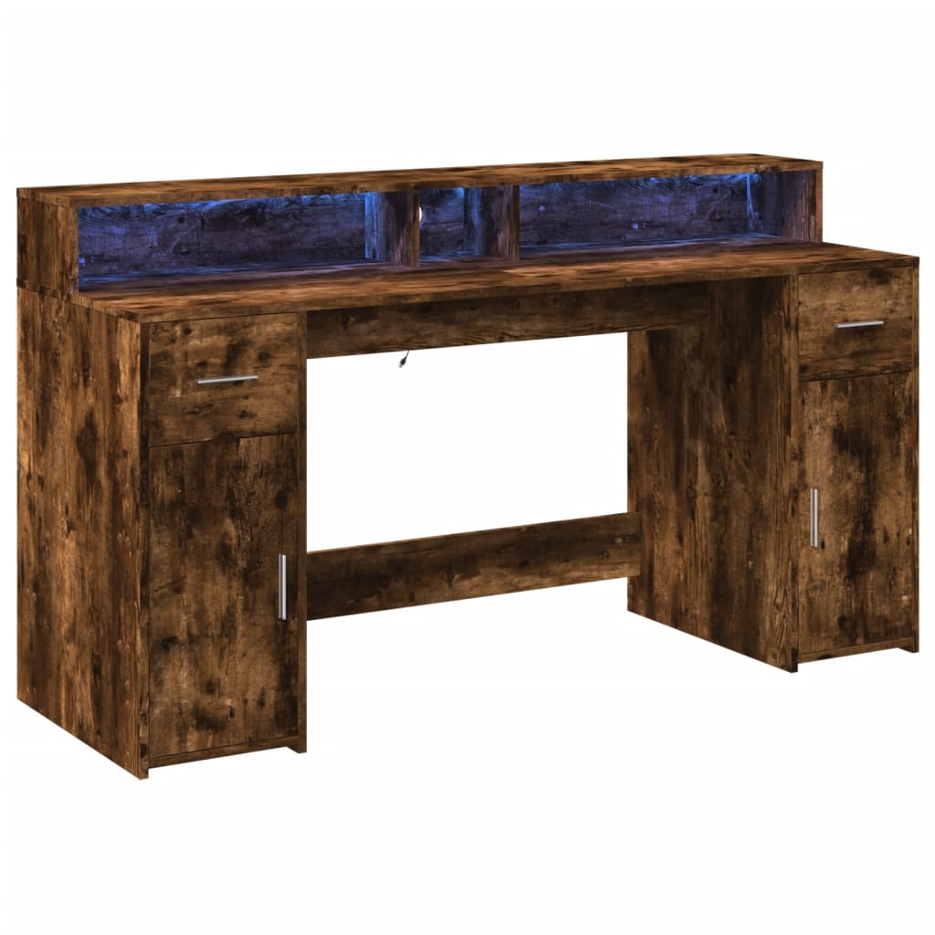 LED Desk Smoked Oak 160x55x91 cm Engineered Wood