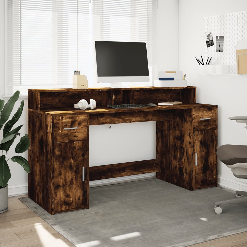 LED Desk Smoked Oak 160x55x91 cm Engineered Wood