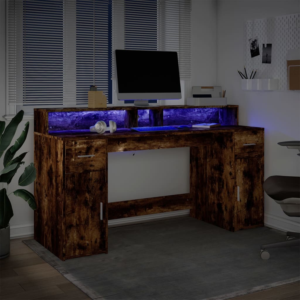LED Desk Smoked Oak 160x55x91 cm Engineered Wood