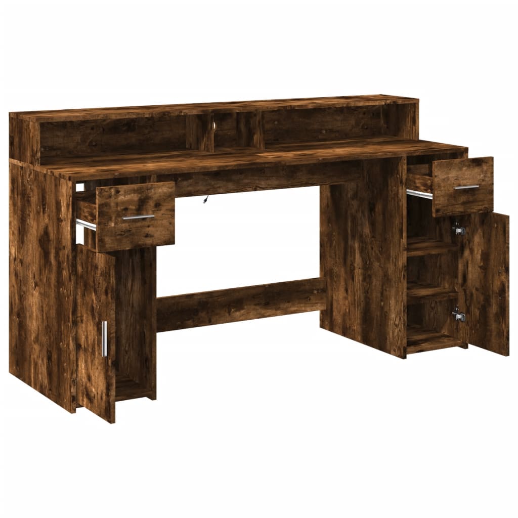 LED Desk Smoked Oak 160x55x91 cm Engineered Wood