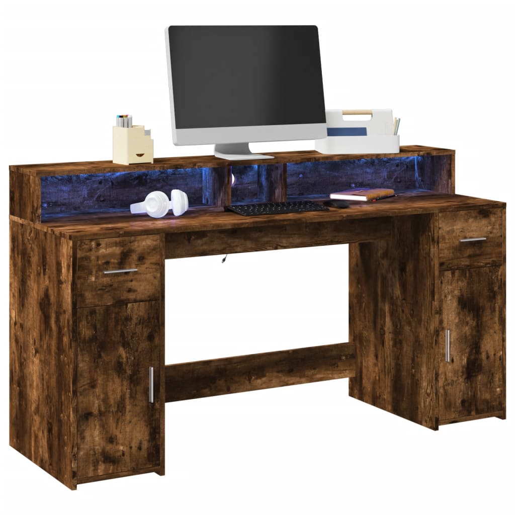 LED Desk Smoked Oak 160x55x91 cm Engineered Wood