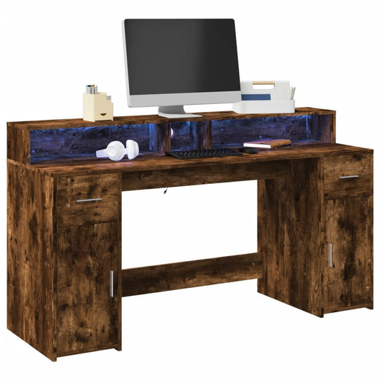 Bureau LED chêne fumé 160x55x91 cm bois d'ingénierie