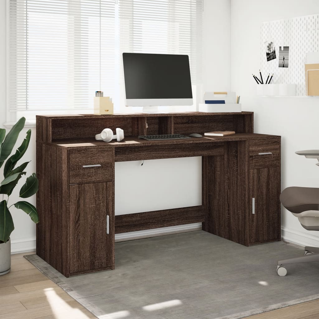 LED Desk Brown Oak Effect 160x55x91 Wood Material