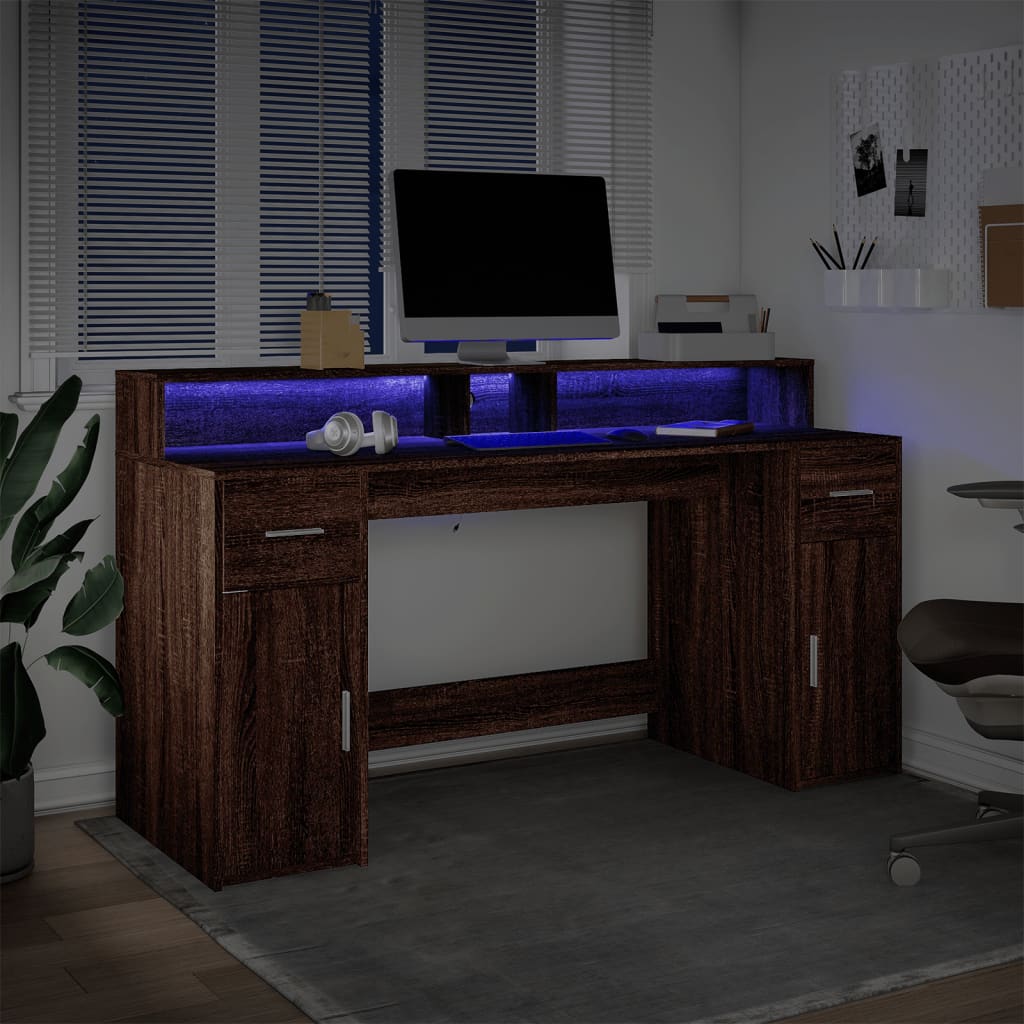 LED Desk Brown Oak Effect 160x55x91 Wood Material