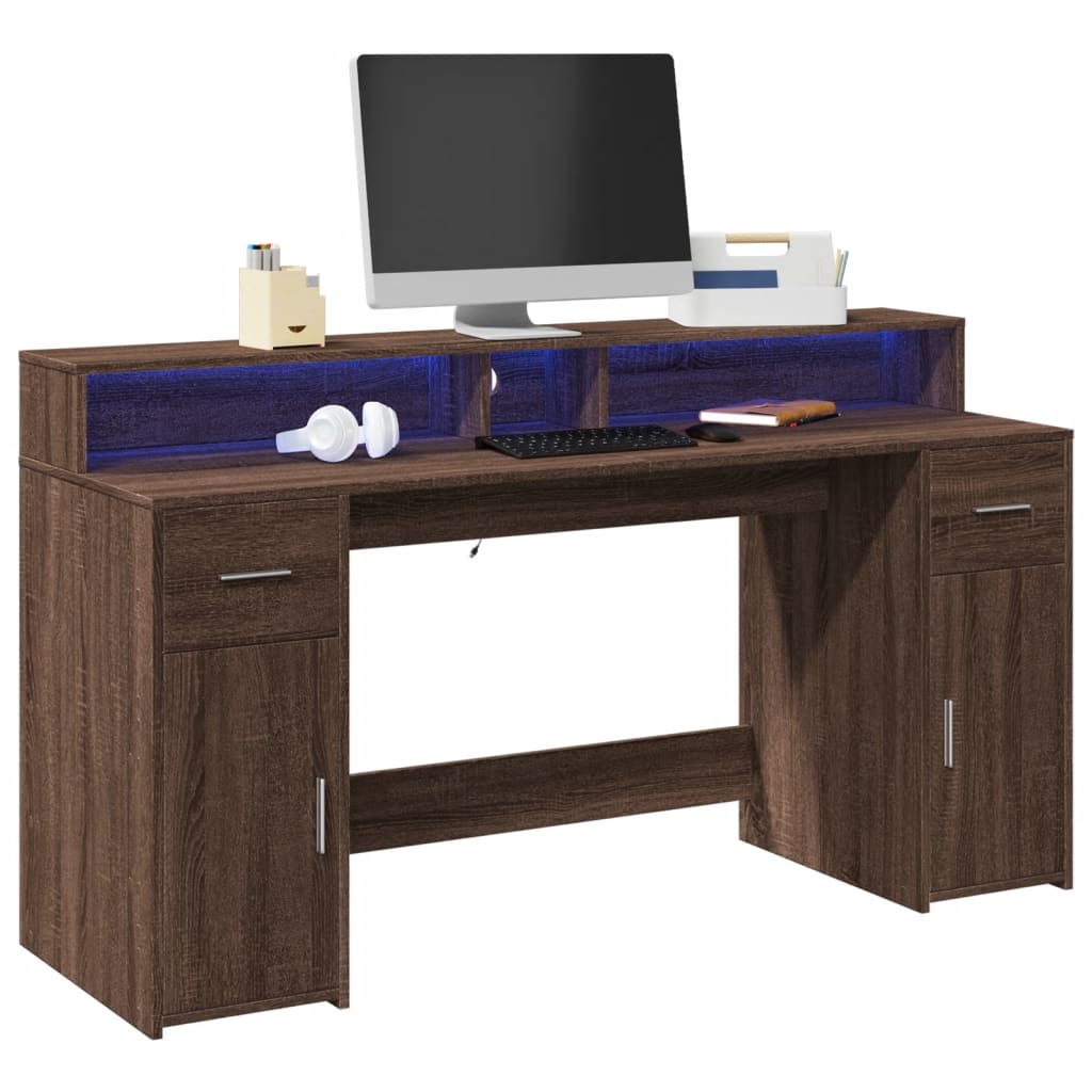 LED Desk Brown Oak Effect 160x55x91 Wood Material