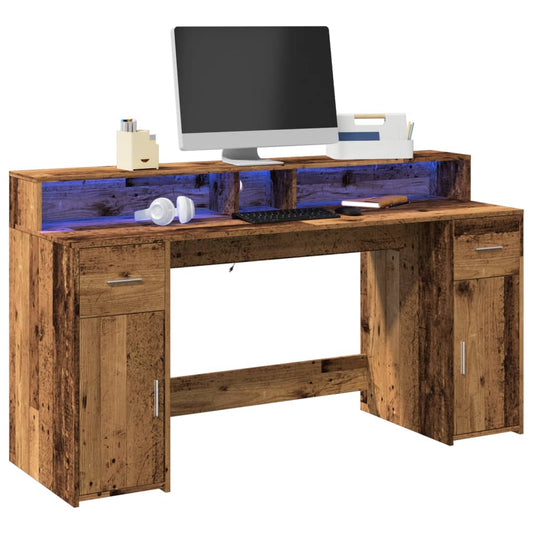 Bureau LED aspect vieux bois 160x55x91 cm panneau de particules