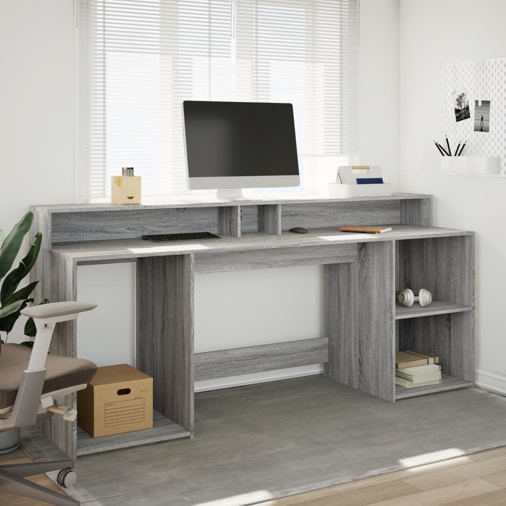 LED Desk Grey Sonoma 200x55x91 cm Engineered Wood