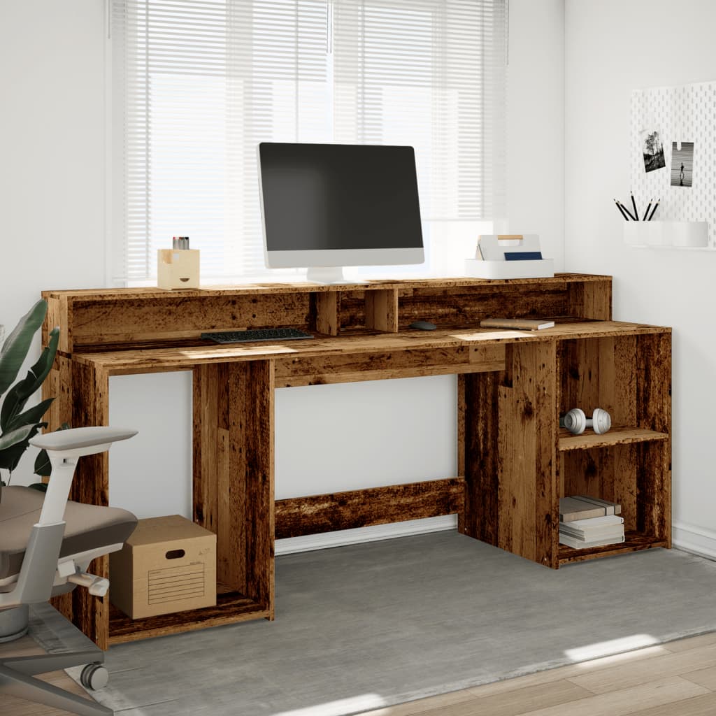 LED Desk Reclaimed Wood Look 200x55x91 cm Engineered Wood
