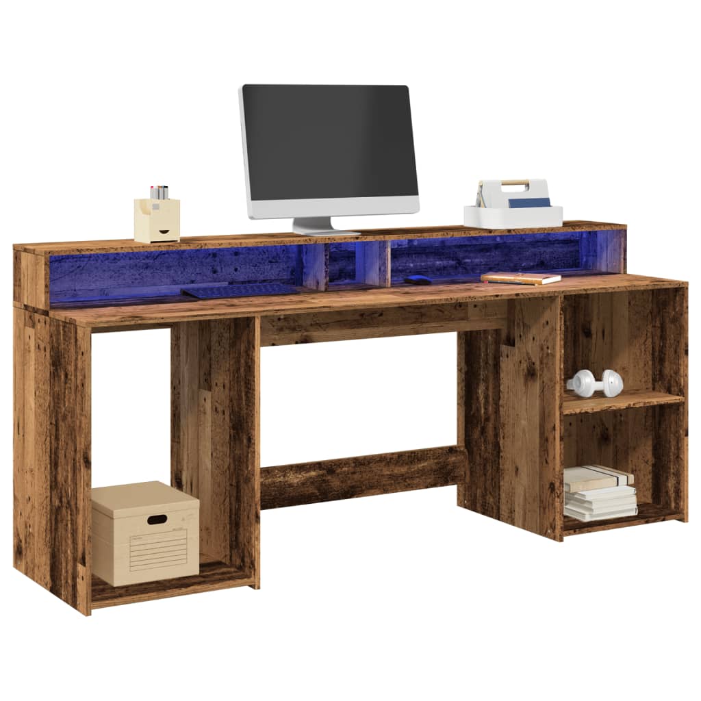 LED Desk Reclaimed Wood Look 200x55x91 cm Engineered Wood