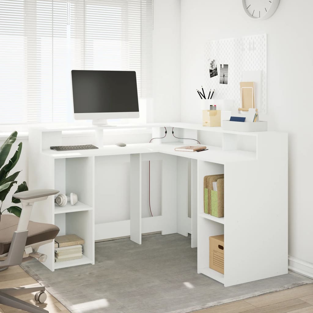 Bureau LED blanc 130x130x91 cm bois d'ingénierie