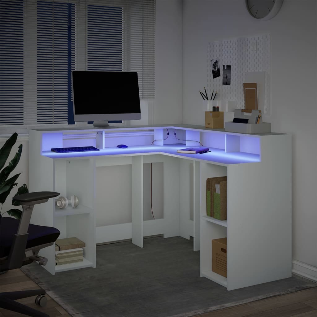 Bureau LED blanc 130x130x91 cm bois d'ingénierie