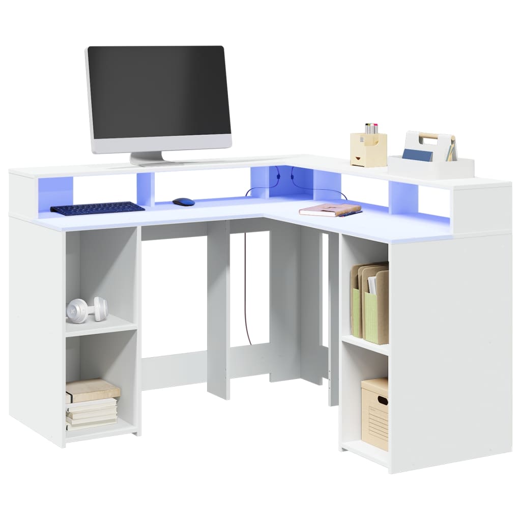 Bureau LED blanc 130x130x91 cm bois d'ingénierie