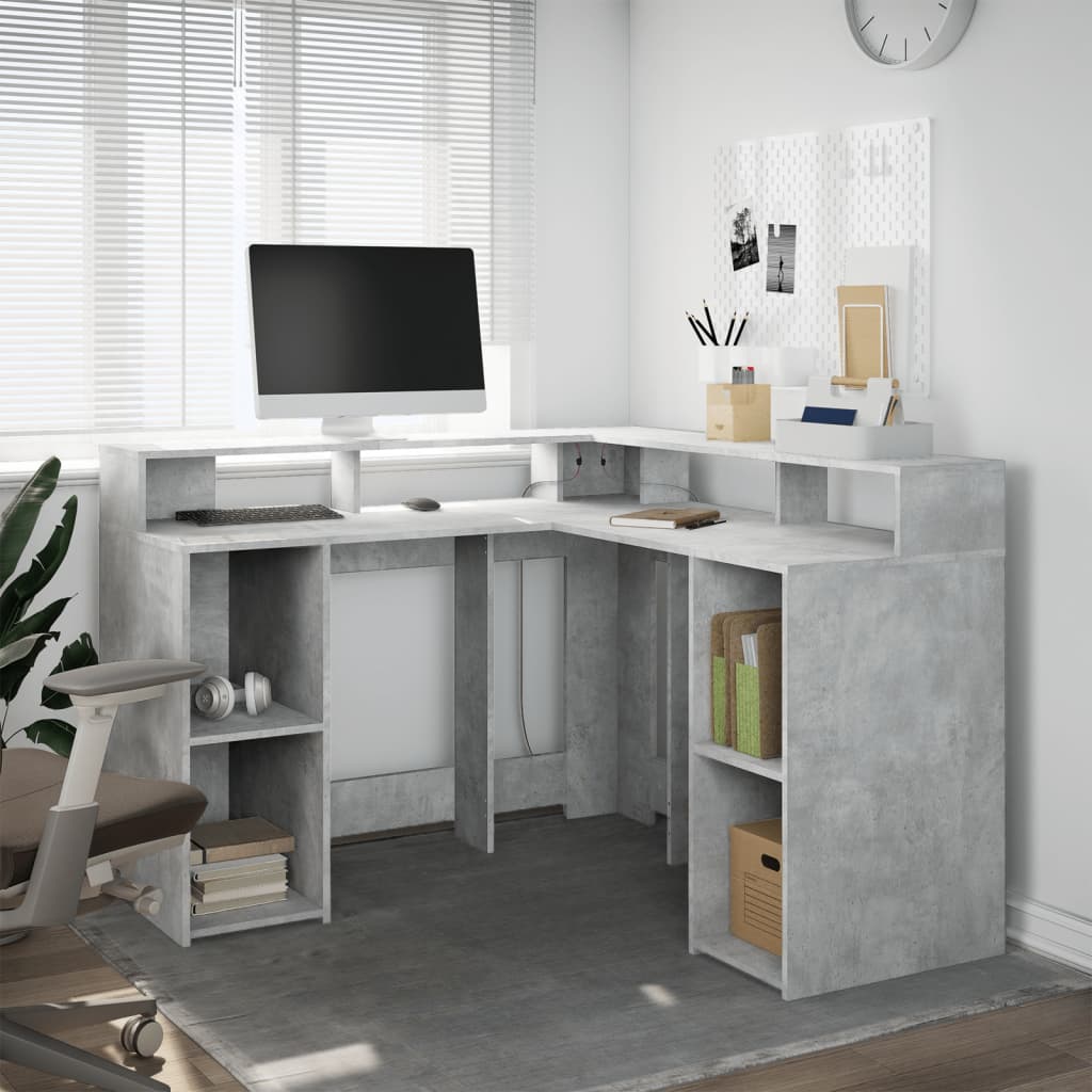 LED Desk Concrete Grey 130x130x91 cm Engineered Wood