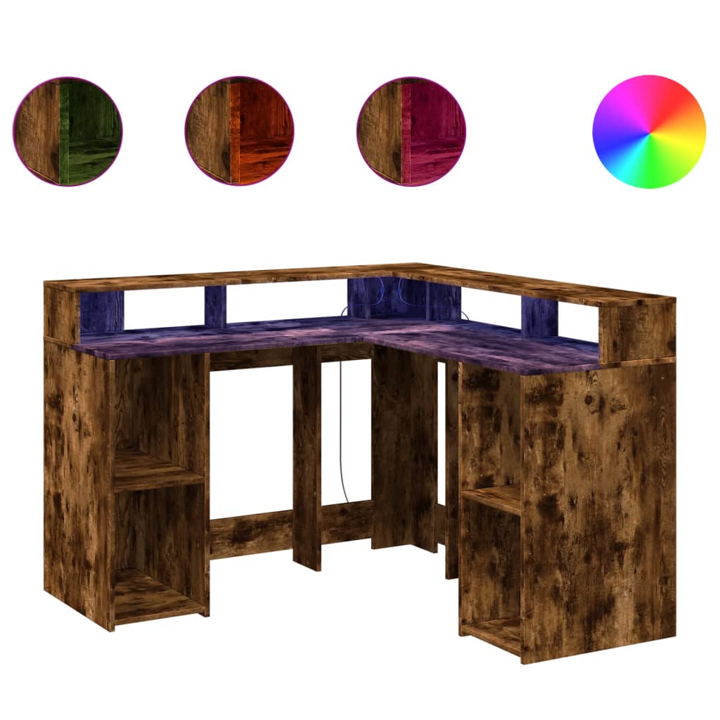 LED Desk Smoked Oak 130x130x91 cm Engineered Wood