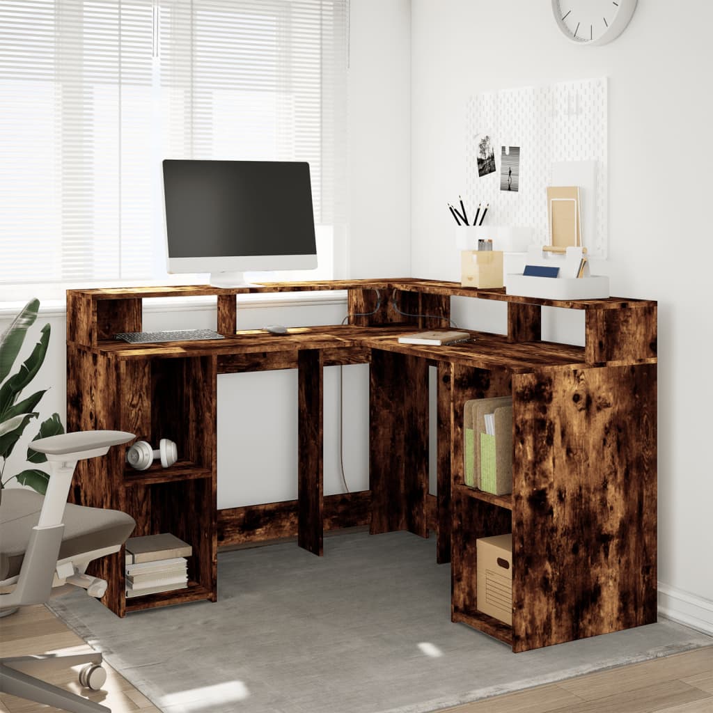 LED Desk Smoked Oak 130x130x91 cm Engineered Wood