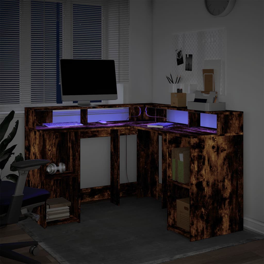 LED Desk Smoked Oak 130x130x91 cm Engineered Wood