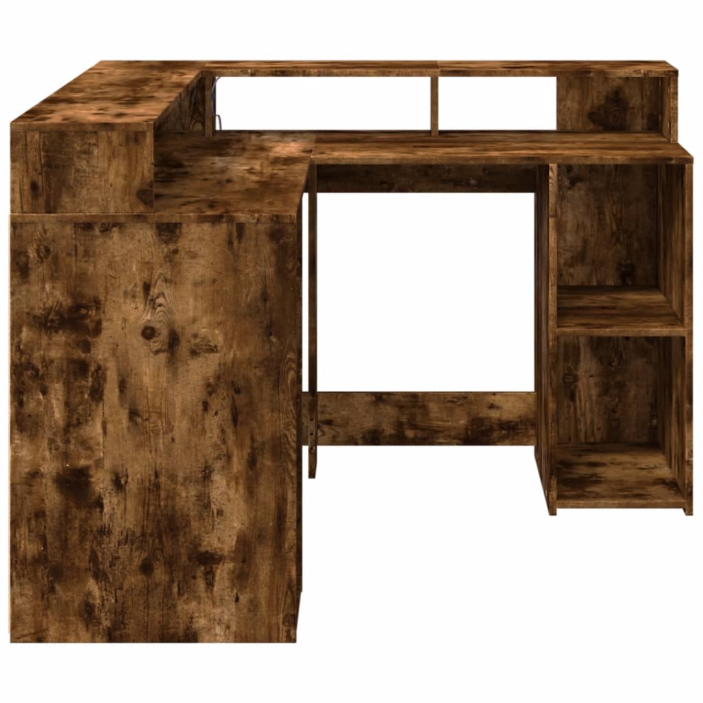 LED Desk Smoked Oak 130x130x91 cm Engineered Wood