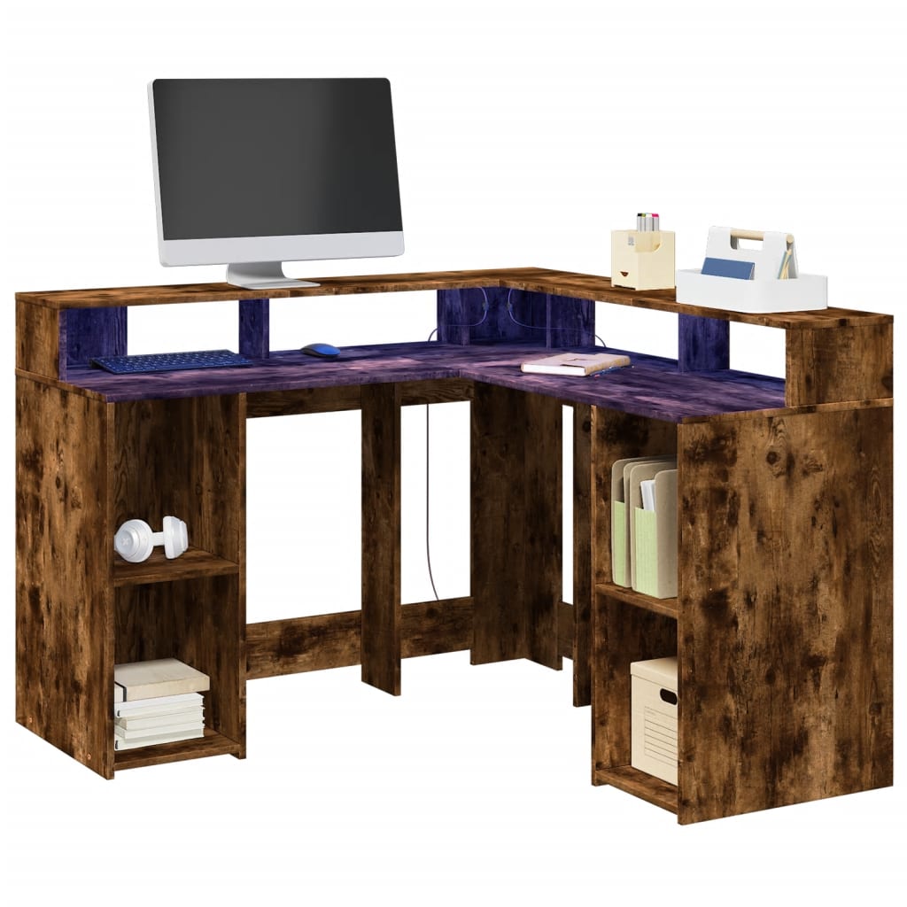 LED Desk Smoked Oak 130x130x91 cm Engineered Wood