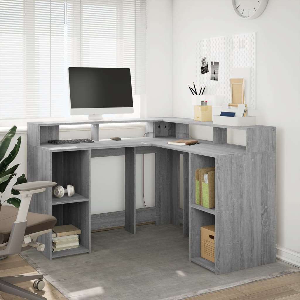LED Desk Grey Sonoma 130x130x91 cm Engineered Wood
